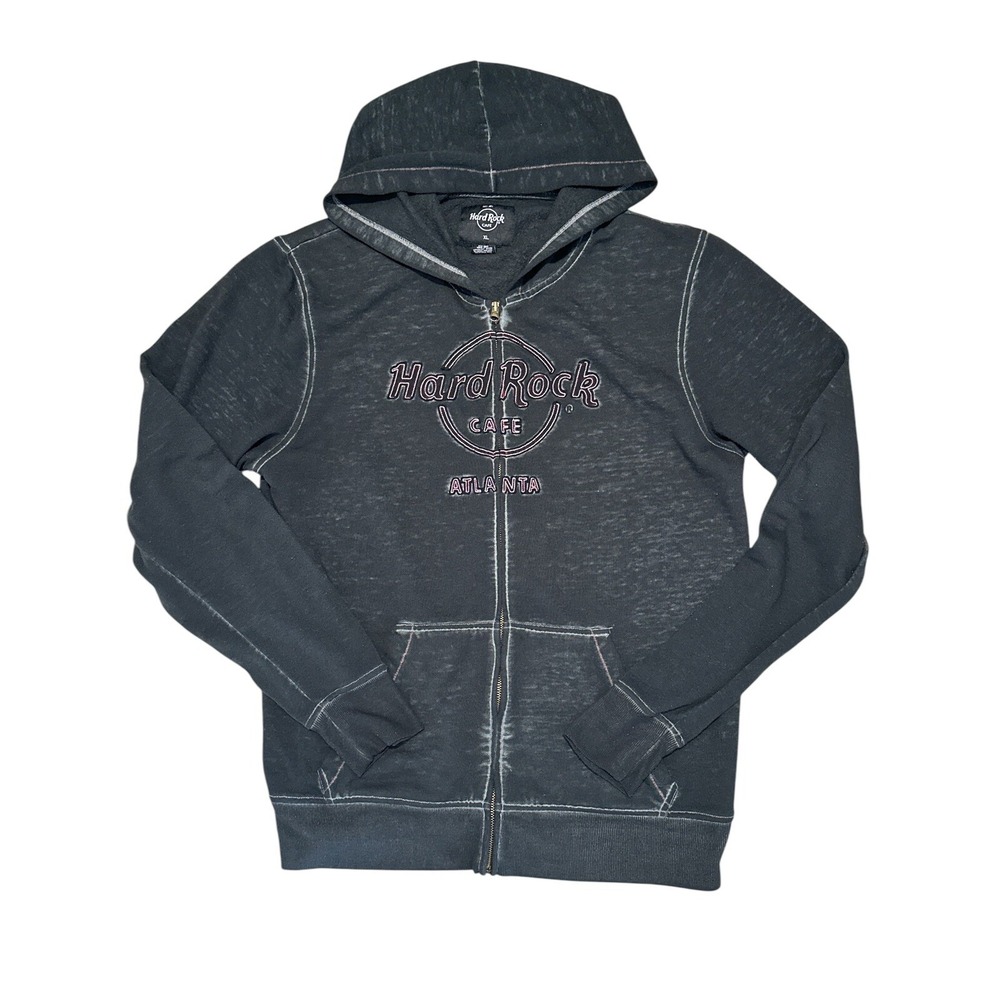 Hard Rock Cafe ATLANTA Double Burn Out Zip-Up Logo Hoodie Size XL 55%Cott45%Poly